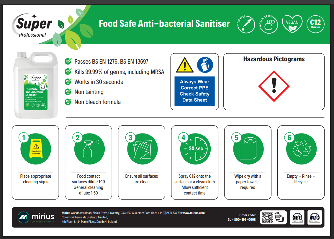 Mirius C12 Food-Safe-Anti-Bacterial-Sanitiser-5L