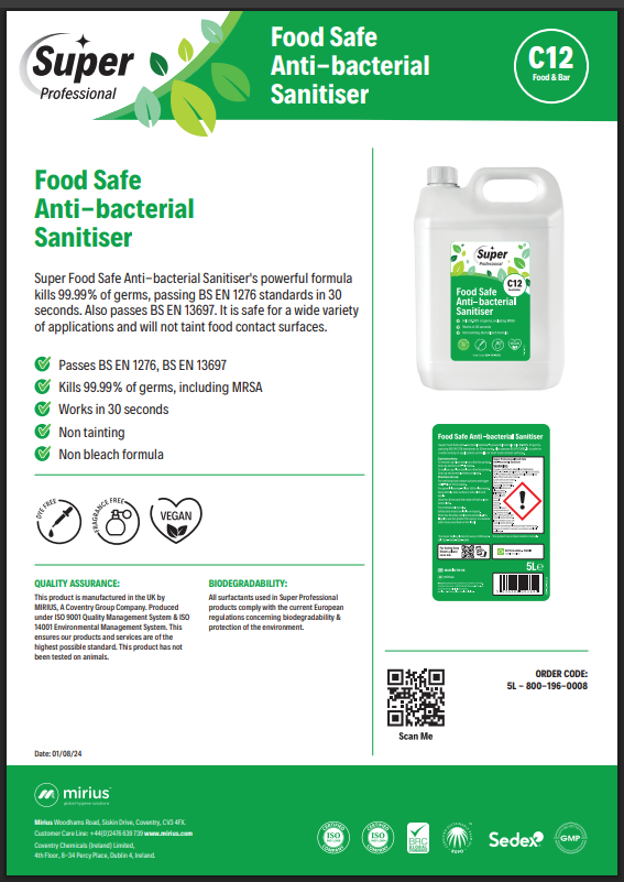 Mirius C12 Food-Safe-Anti-Bacterial-Sanitiser-5L