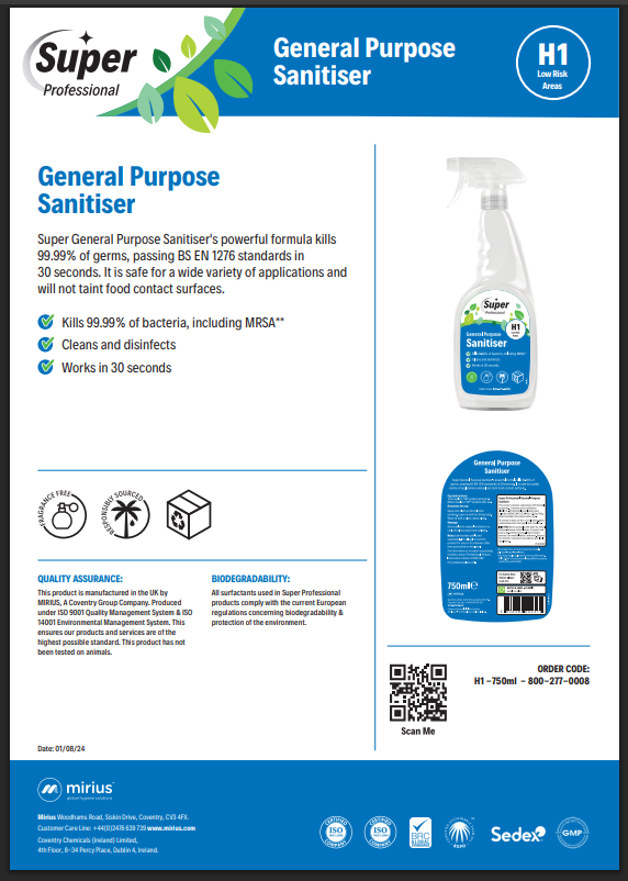 Mirius H1 General Purpose Sanitiser 750ml