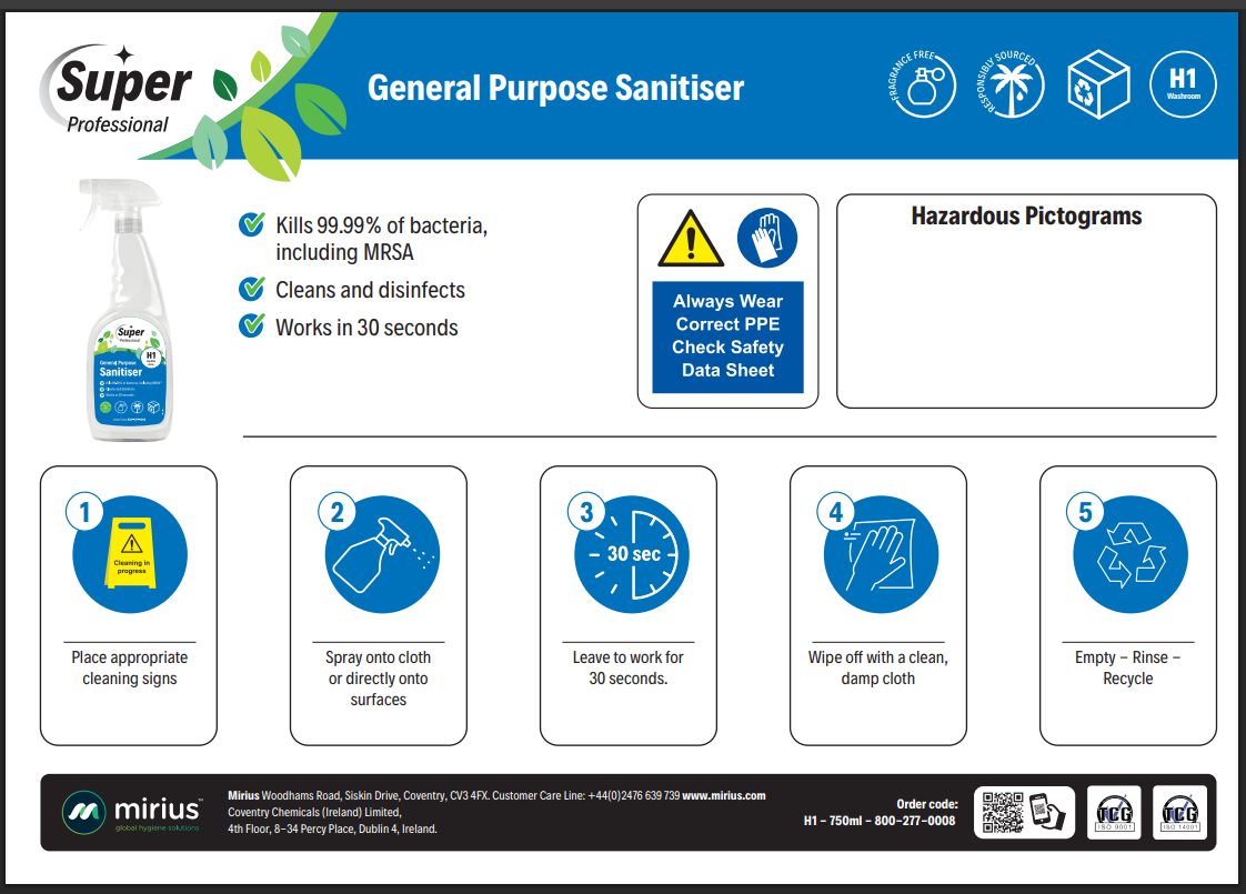 Mirius H1 General Purpose Sanitiser 750ml